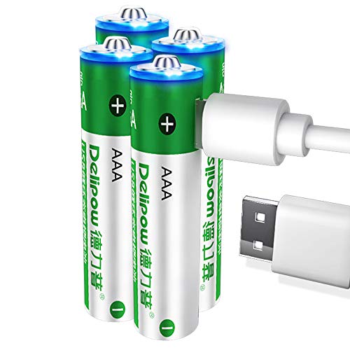 Delipow AAA Rechargeable Batteries，USB 1.5V Lithium Rechargeable Batteries, 1000mWh Li-ion AAA Battery ,1 H Quick Charge ,1200 Cycles with USB Cable- 4 Pack