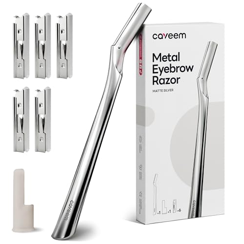 CAVEEM Cuchilla Facial para Mujer, Dermaplaning Facial y Perfilador de Cejas, Maquinillas de Afeitar para Mujeres y Hombres, 6 Cuchillas de Repuesto de Acero Inoxidable, Plata Mate