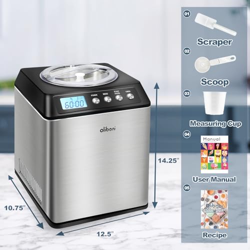 2.6 Qt Ice Cream Maker with Compressor, LCD Digital Display & Timer, No Pre-freezing, Countertop Gelato Makers, Automatic Ice Cream Machine for Homemade Use, Stainless Steel, 10-year-Warranty