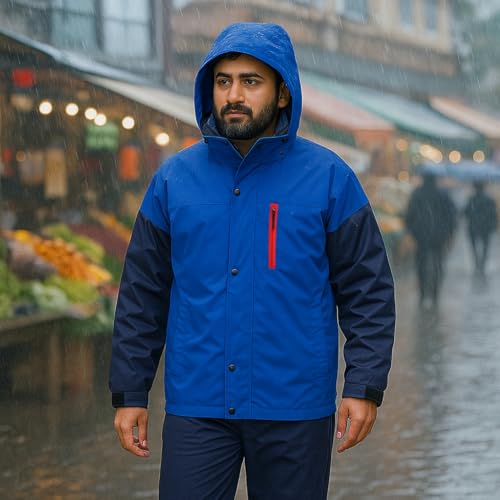 Image of SINGHAL Men Waterproof Large Raincoat Set with Pants | Full Sleeves Jacket | Double Layered, Hooded | Lightweight & Breathable | Perfect for Monsoon