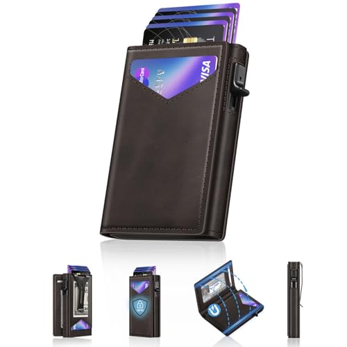 Wallet for Men, RFID Wallet with Money Clip & ID Window, Minimalist Pop Up Credit Card Case Holder 10-12 Cards, Bifold Slim Smart Wallet for Front Pocket, Compact Metal Wallets, Gifts for Men, Coffee