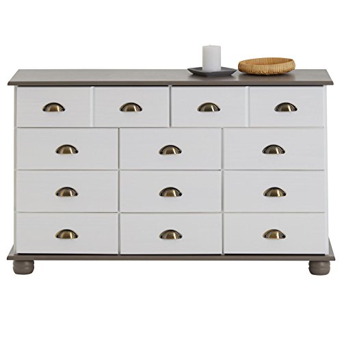 IDIMEX Commode Colmar chiffonnier apothicaire Rangement avec 11 tiroirs en pin Massif lasuré Blanc et Taupe