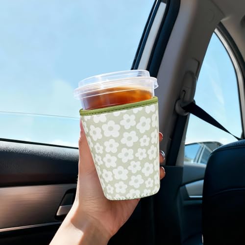 Image of Reusable Insulated Sleeve for Iced Coffee Cup, Coffee Neoprene Sleeve for Cold & Hot Drinks, Beverage Holder for Iced Coffee (Sage Florals, Small: 16-18oz)