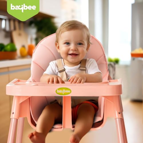 Image of Baybee 2 in 1 Baby High Chair for Kids, Baby Feeding Chair with 2 Height Adjustable, Footrest, Tray, Mobile Stand, 3 Point Safety Belt | Kids High Chair for 6 Months to 3 Years (Pink)