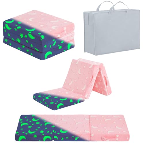 Givjoy Colchão Dobrável Infantil Triplo, Tapete de Cochilo, Sofá-Cama Futon com Bolsa de Armazenamento, Brilha no Escuro, Lavável, para Crianças e Bebês, Lua Rosa