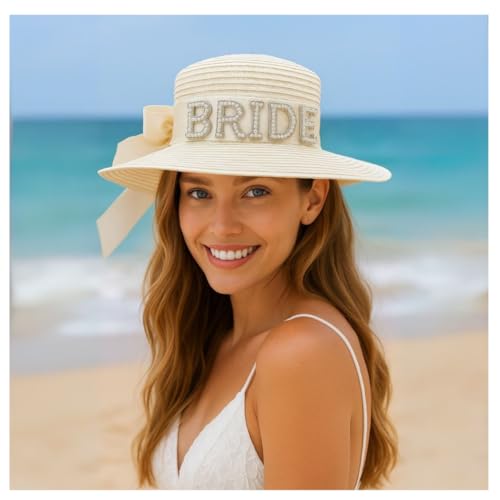 Image of Wanna Party Bride Sun Hat Brim Straw Floppy Bride Beach Hat for Women Bridal Honeymoon Wedding Party, Engagement, Bridal Shower,Bachelorette Party