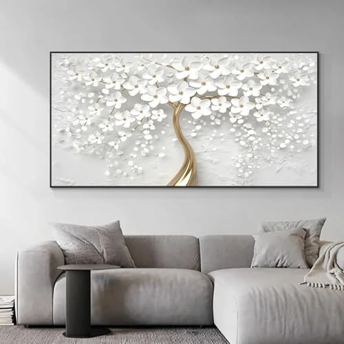 Tableau fleurs blanches abstraites moderne HYFBH 50x100cm encadré