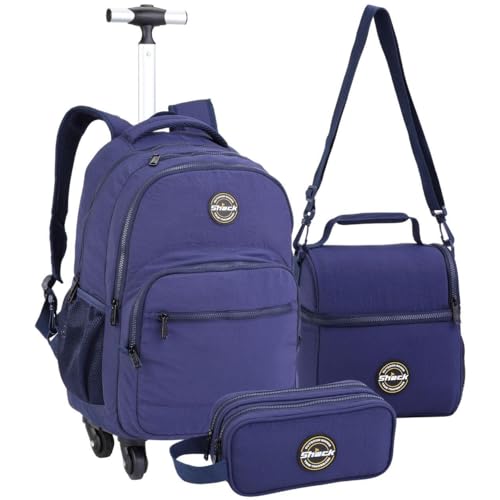 Mochila Escolar com Rodinhas Masculina, Lancheira Térmica e Estojo Duplo Compartimento, Conjunto 3 Peças, Alça Telescópica 2 Níveis, Material Reforçado (Azul)