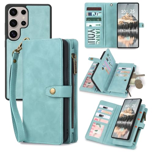 TwoHead for Samsung Galaxy S25 Ultra Wallet Case with Card Holder Detachable Magnetic Phone Case for S25 Ultra PU Leather All-Round Protective Phone Case Wallet with Wrist Strap Blue