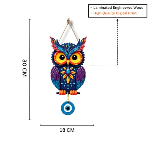 Image of GiftOday Owl Shape Wooden Wall Hanging For Home Decor | Evil Eye Decoration Livingroom, Dining Room | Modern Artwork | Wall Hanging Ornament Door Decorative (18 x 30 CM)
