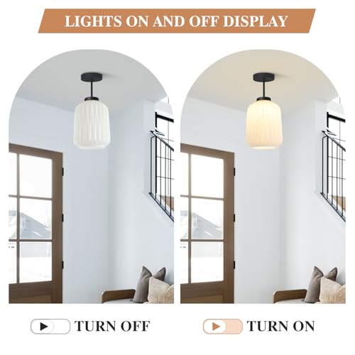 Image of Mid Century Semi Flush Mount Ceiling Lamp - Retro Striation Glass - Vintage Black Close to Ceiling Light for Hallway Passway