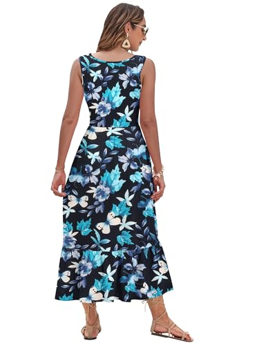 Image of AUSELILY Womens Summer Maxi Dress Casual Sleeveless V Neck Floral Dresses | A line shape with practical side pockets, Vacation dress for resort walks, Pair with low heels and simple jewelry