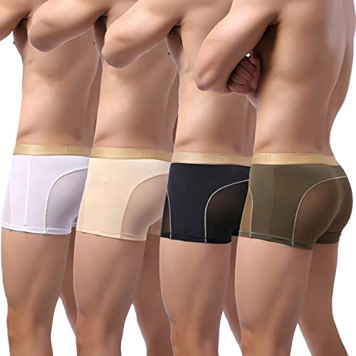 4 Pack of Men Boxers Briefs See Through Mesh Shorts Soft Underpants Transparent Pants Sexy Underwear Breathable Trunks for Man (WT/BK/NY/SK, L)