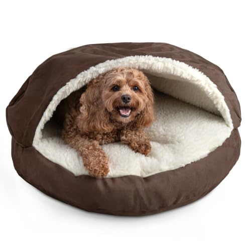 Image of Snoozer Cozy Cave Dog Bed, Round Covered Dog Bed, Hot Fudge (S)