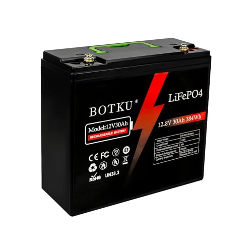 BOTKU 12V 30Ah Lithium LiFePO4 Deep Cycle Battery, 3000+ Cycle Rechargeable Lithium Iron Phosphate Battery for Solar, Fish Finder, Marine, Outdoor Camping, Off-Grid Applications with 30A BMS