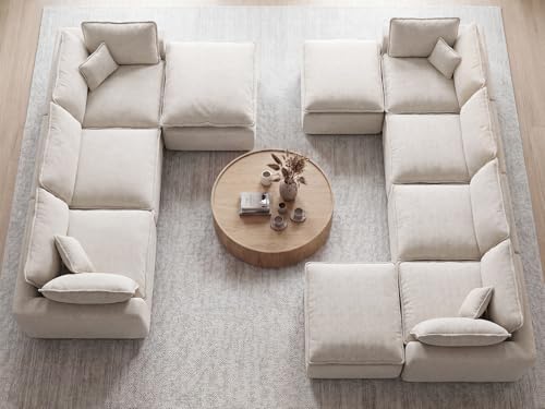 Image of COSIEST 108'' Boneless Sectional Couch, Modular Sectional Sofa with Ottoman, 4 Seater L Shaped Cloud Couch for Living Room, Beige