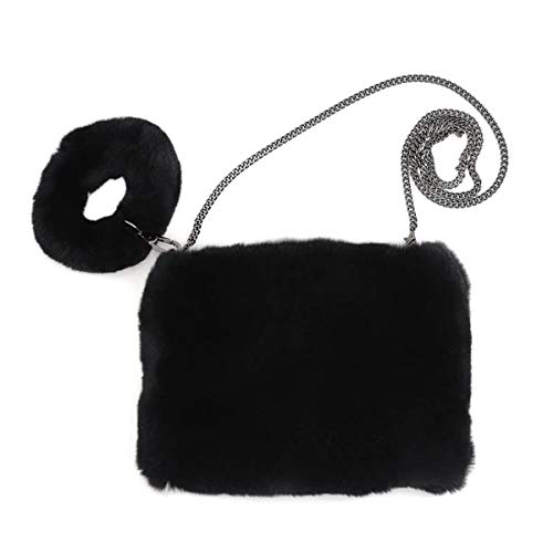 surell - Real Rex Rabbit Fur Wristlet Bag - Fuzzy Clutch Purse w Long Strap - Fluffy Soft Wallet Bag w Zipper Closure - Luxurious Fashion Purse Gift - Chic Modern Pocketbook - (Black)