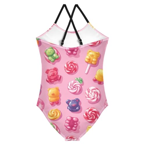 Pigsaly Girls One Piece Swimsuits Funny Colorful Lollipops Jelly Candy Bears Kids Cross Back Swimwear Sport Bathing Suit 3T2