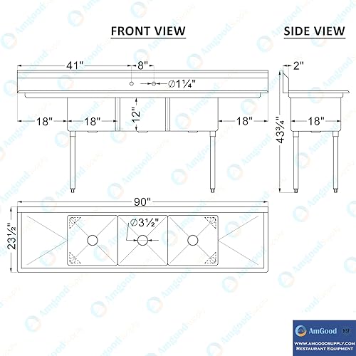 Image of AmGood Stainless Steel Prep & Utility Sink | 304 Stainless Steel | Restaurant, Kitchen, Laundry, Garage | NSF (23 in. x 90 in. | Three Bowls | 2 Drainboards)
