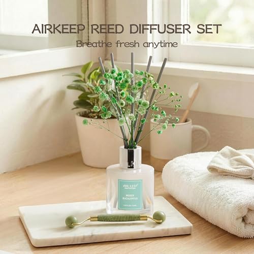 Image of Airkeep Reed Diffuser Set,3.38 fl oz (100 ml) - Moss Eucalyptus Oil Diffusers with 8 Reed Sticks, Home Fragrance Reed Diffuser for Bathroom Shelf Decor