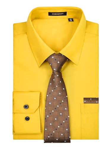Image of HISDERN Mens Dress Shirt with Tie Pocket Square Set Classic Button Down Shirt Matching Tie Long Sleeve Shirts