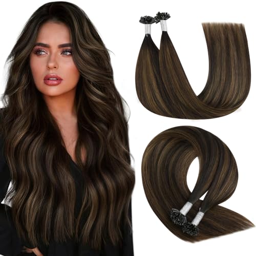 YoungSee U Tip Hair Extensions Human Hair Brown Balayage K Tip Hair Extensions Real Human Hair Dark Brown Ombre Brown Hot Fusion 16In 50s/50G Soft Hair