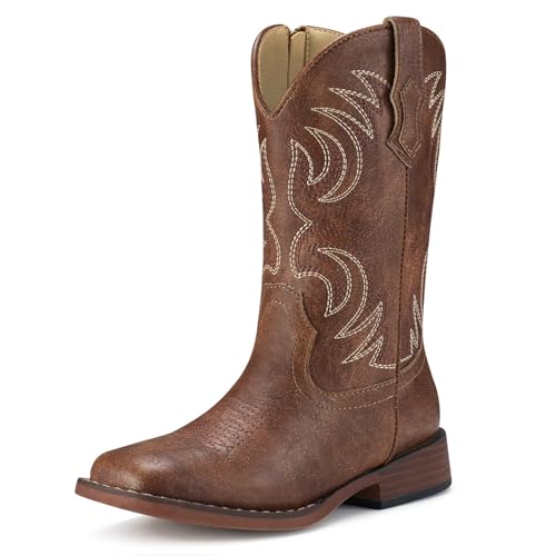 Rollda Kids Cowboy Boots for Boys Cowgirl Boots Square Toe Girls Western Boots Brown Little Kid Size 3