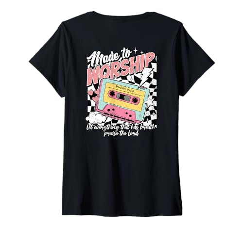 Mujer Retro Cassette Made to Worship Salms 150:6 Música cristiana Camiseta Cuello V