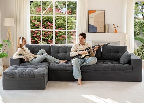 Image of MAXYOYO 132 inch L Shaped Modular Sectional Sofa with Ottoman, Cloud Boneless Couch with Layered Cushion, Upholstered Sofa in a Box, Flexible Module Combination for Living Room, No Assembly, Dark Grey