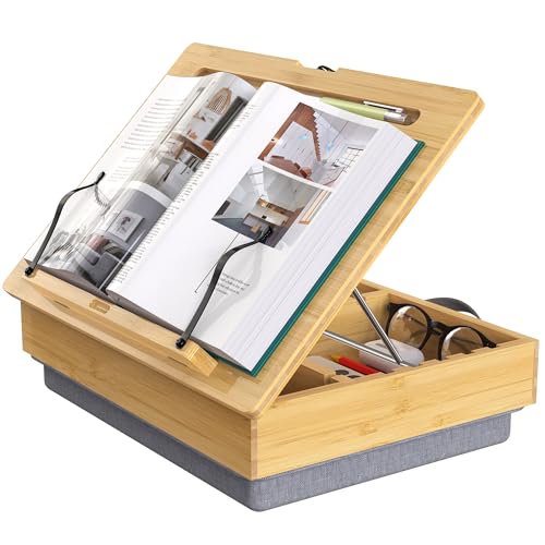 AboveTEK Book Stand for Reading with Storage, Adjustable Bamboo Book Holder with Soft Lap Cushion, Cookbook Stand, Hands-Free Book Reading Stand for Bed, Desktop & Kitchen Counter