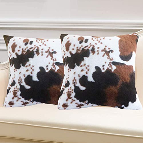 Entua 2 Pcs Faux Fur Cowhide Cow Throw Pillow Covers Animal Print Throw Pillow Cover Luxury Soft Plush Farmhouse Cushion Case For Sofa Home Couch Brown White Outdoor Pillowcase #TOP1