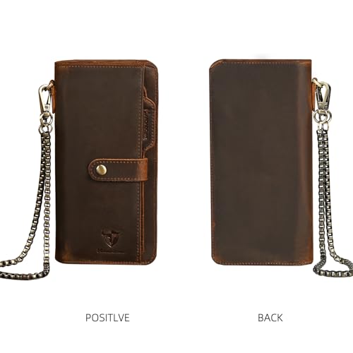 Image of Genuine Crazy Horse Leather Travel Gift Coin Pocket Card Case Long Organizer Chain Rfid Wallet Purse With Snap For Men Male 1803 1815 (W-1821-Brown)