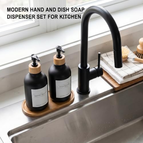 Image of KASUNTING Hand and Dish Soap Dispenser Set, Plastic Kitchen Soap Dispenser Set with Bamboo Tray, 17 Fl Oz Black Soap and Lotion Dispensers Sets with 4 Pack Labels for Kitchen & Bathroom Countertop