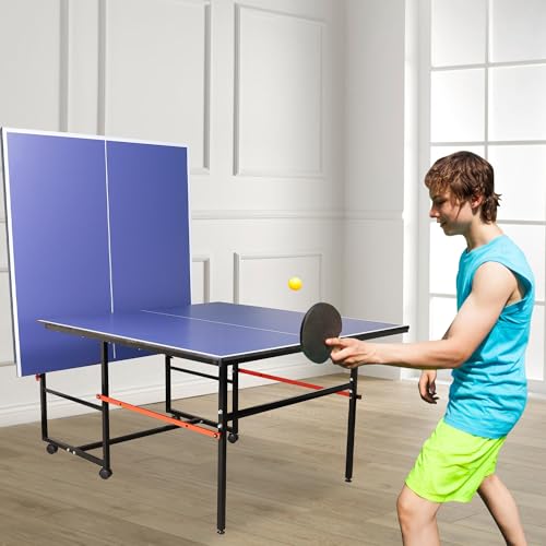 Table Tennis Table, 8FT Portable Mid-Size Ping Pong Table for Family Game Rooms, Folding & Compact Professional MDF Indoor Table Tennis Table w/Net, 2 Paddles, 3 Balls,Foldable for Easy Storage