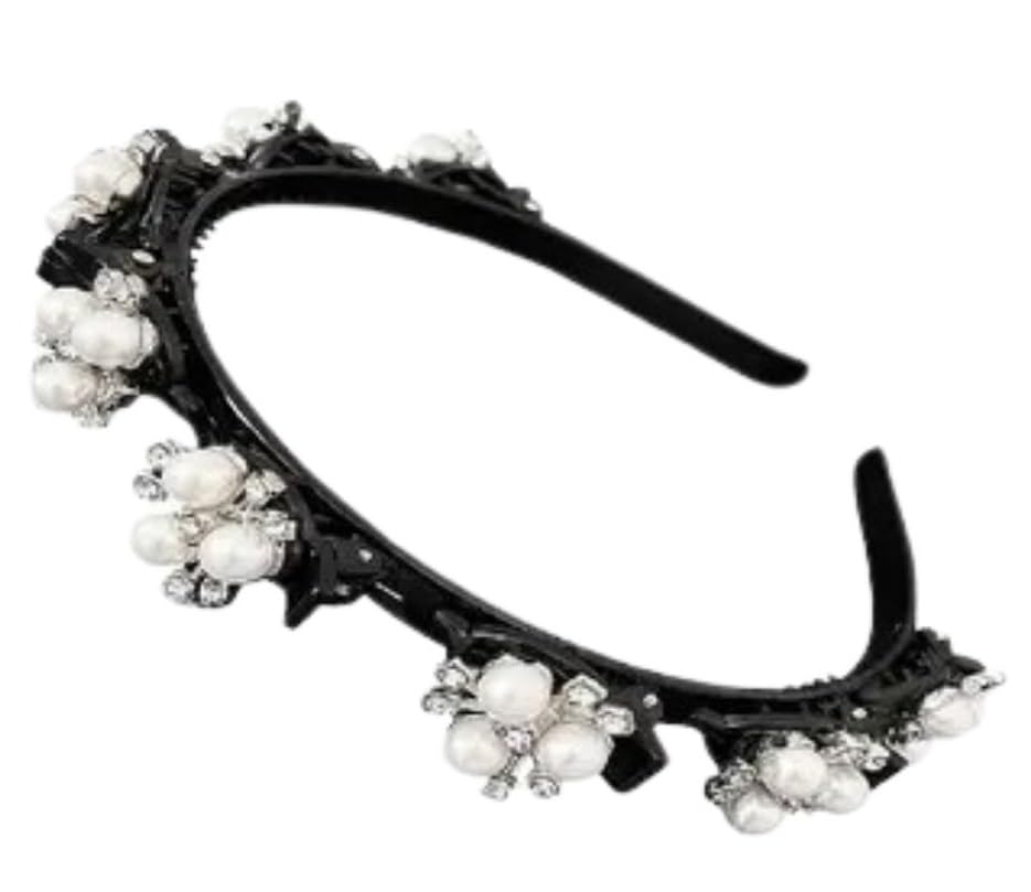 Pearl Hairband for Women and Girls – Elegant Black Headband with Pearls & Crystal Stones | Fashion Hair Accessory for Party, Wedding, | Non-Slip Hair Band for Long & Short Hair