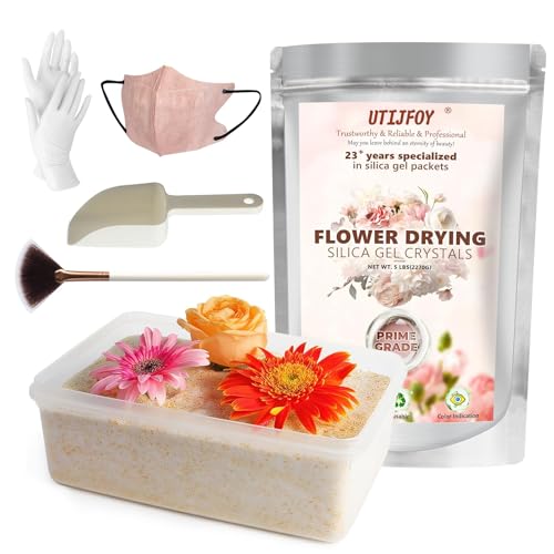 UTIJFOY 2LBS Silica Gel Flower Drying Crystals, Silica Gel Flower Drying Kit, herbruikbaar en kleurindicator Silica Gel Flower Desiccant met luchtdichte container, borstel en mondstuk, en meer
