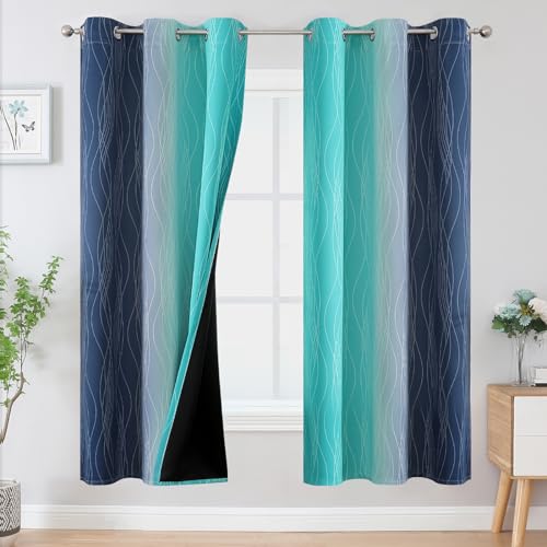 Estelar Textiler Navy Blue and Teal Blackout Curtains for Living Room, Full Room Darkening Grommet Ombre Curtains for Bedroom, Thermal Insulated Light Blocking Gradient Drapes, 42Wx72L, 2 Panels