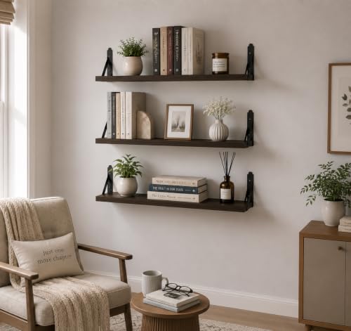 Image of Decazone Floating Shelves for Wall Storage Set of 3, MDF Board Bookshelves for Living Room, Bedroom, Kitchen, Office Sturdy Wall-Mounted Display, Bookcase, Decor (Wenge, Wide- 20 inch)