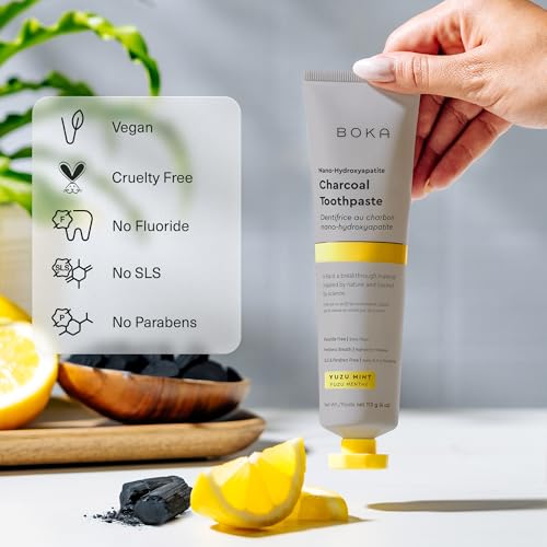 Image of Boka Fluoride Free Toothpaste, Nano Hydroxyapatite Toothpaste, Appropriate for Sensitive Teeth - for Adult Oral Care - Charcoal Yuzu Mint Flavor, 4 Fl Oz 1Pk