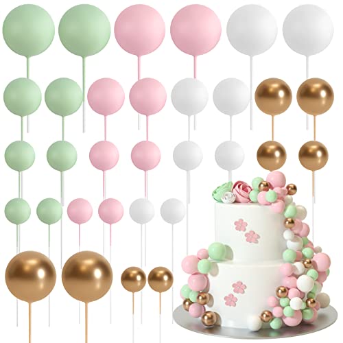 ASTARON 32 piezas de bolas para decoración de tartas, mini globos, palitos para decoración de tartas, bolas de espuma, púas para tartas para bodas, fiestas, cumpleaños (rosa verde)