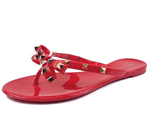 TOP Moda Womens Studded Jelly Flip Flops Sandals with Bow, Red, 6