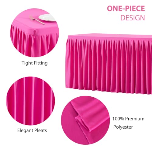 1 Pack Hot Pink Rectangle Table Clothes for 8 Foot Tables, Polyester Wrinkle Free Fitted Tablecloths 8ft Stretch Table Cover with Skirt for Wedding, Birthday, Parties, Trade Show, Craft Show by Party Talk - Used condition - Image 2