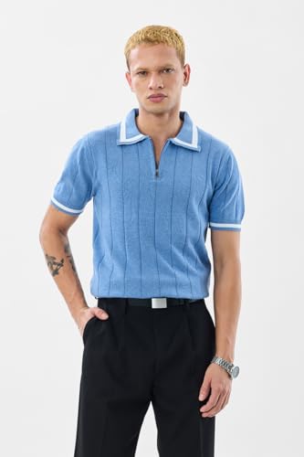 Image of SNITCH Men's Polo Shirt | Textured Knit Design with Half-Zip Closure | 100% Cotton Fabric for Breathable Comfort | Casual Wear with Reinforced Shoulder Panels