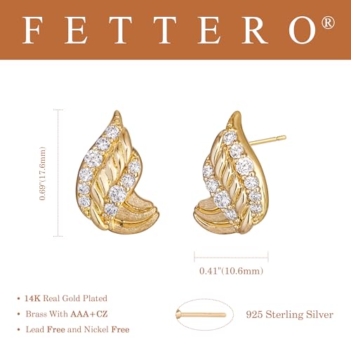 FETTERO Stud Earrings for Women - 14K Gold Plated CZ Hypoallergenic Earrings Studs Dainty Black CZ Leaf Gold Earrings for Women Trendy Statement Jewelry