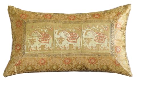 Image of Ravaiyaa - Attitude is everything Banarasi Brocade Silk Pillow Cover Elephant Design Cushion Pillow Sham Case Home Decorative Set of 2 Piece 12 inch X 20 inch Inch