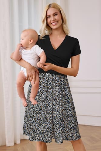 Image of OUGES Maternity Nursing Dress Breastfeeding Short Sleeve V Neck Casual Pregnancy Clothes with Pockets