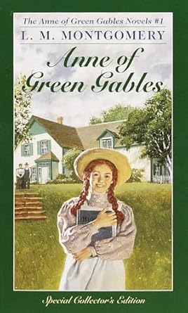 Anne of Green Gables by L.M Montgomery, featuring Anne, hair plaited, wearing a bonnet and dress, smiling and clutching books outside the Cuthberts' house.