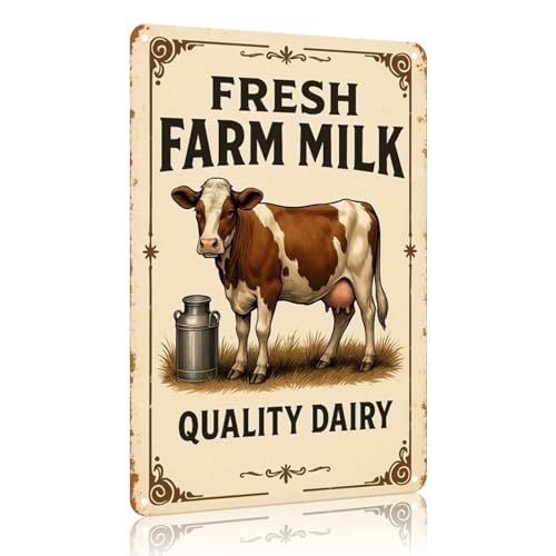 Vintage Farmhouse Sign – 8 x 12 Inch Rustic “FRESH FARM MILK” Aluminum Metal Wall Decor with Dairy Cow for Farmhouse Kitchen, Barn, Country Store, Dairy Farm & Rustic Home Decor