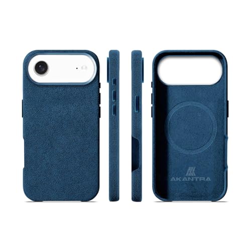 AKANTRA Italy Alcantara - Funda para iPhone 17, hecha a mano, totalmente envuelta, de gamuza sintética, compatible con carga inalámbrica Mag-Safe (azul marino, iPhone 17 Air)