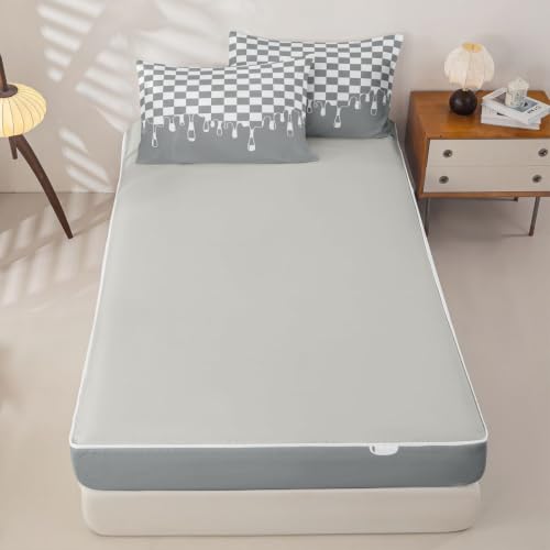 Image of Neutral Grey Checkered Zipper Bedding Set Twin Zip Up Bedding Gingham Checkerboard Drip Comforter Set with Sheets,Retro Aesthetic Funky Modern Geometric Bed in a Bag Grid Plaid Bed Sets Y2K Room Decor